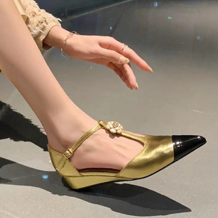 山茶花玛丽珍公主鞋 坡跟尖头金色高跟鞋 女2024年春夏新款 包头凉鞋