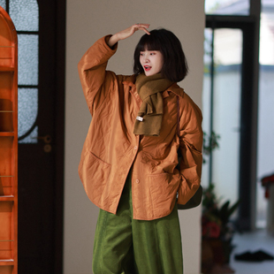 墨黛原品女装冬季新品小翻领夹棉保暖衬衫式棉服宽松休闲棉衣外套