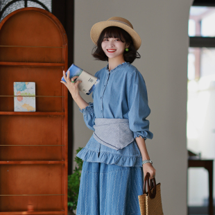 叠穿 文艺风显瘦木耳领水洗牛仔气质复古衬衫 墨黛原品女装 春季