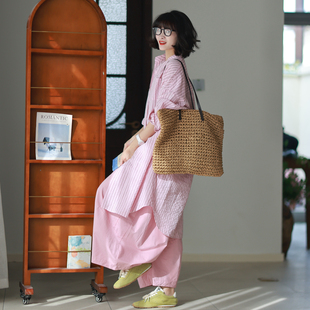 过膝衬衫 墨黛原品女装 百搭纯棉条纹休闲减龄复古长款 新品 上衣 春季