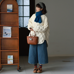 墨黛女装秋冬新品保暖厚实加绒柔软宽松牛仔七分裤休闲阔腿裤