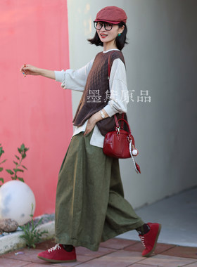 墨黛品质女2026秋季新品休闲百搭半松紧腰雪花炒色纯棉舒适阔腿裤