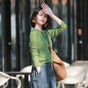 2025夏定制亚麻针织定染糖果色圆领休闲防晒长袖 墨黛原创女装 T恤