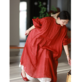 墨黛原创女装 2026春夏新品 立领宽松苎麻宽松连衣裙