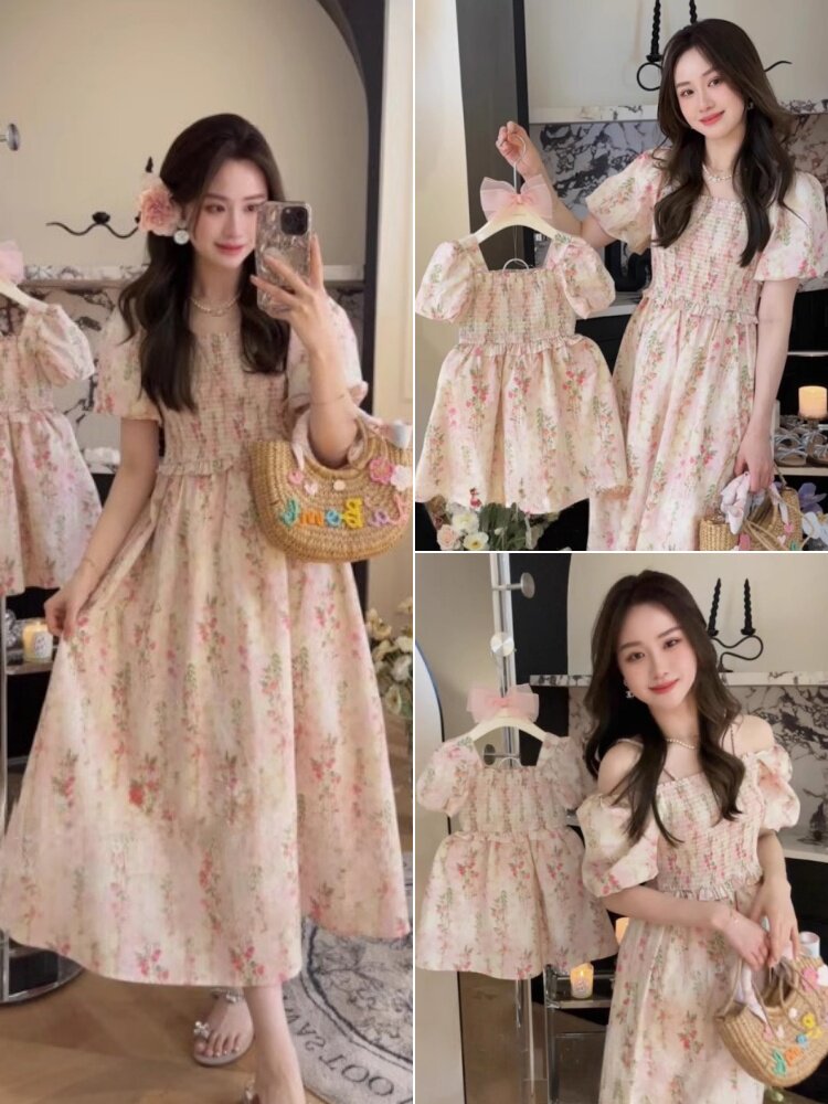 인터넷 연예인 친자복 여아 스커트 원숄더 퍼프 슬리브 원피스 하이엔드 새 모녀 의류 여름 트렌드
