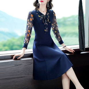 假两件V领长袖碎花连衣裙2022秋新款大码气质遮肉中长款裙子女装