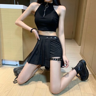 欧美风跳舞蹦迪性感腿环裙百褶裙短裙黑暗系半身裙子两件套装