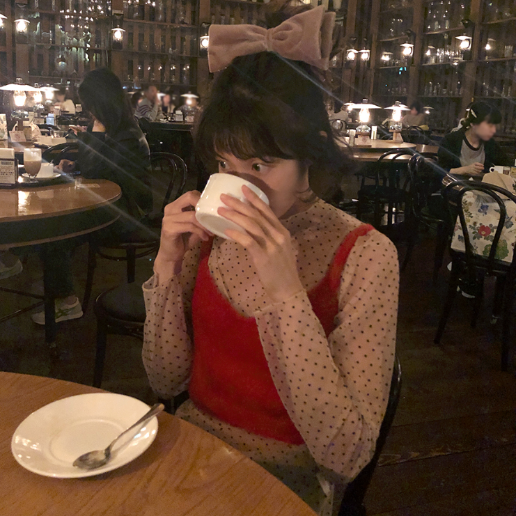 【cuckoo】韩国官网代购 from beginning米色波点透视立领打底衫