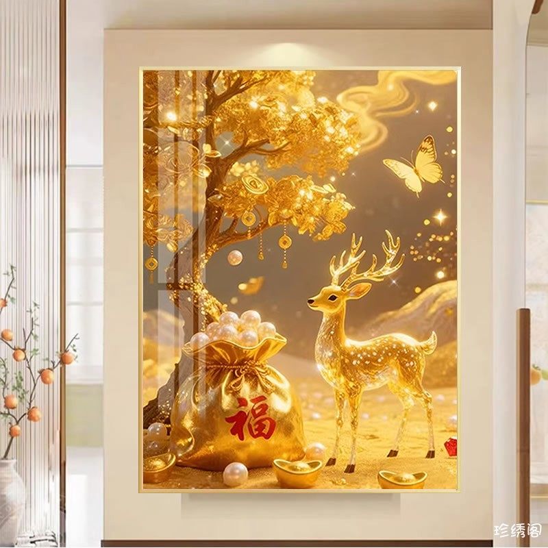 金摇钱树钻石画2026新款福鹿招财代代福粘砖贴钻十字绣招财发财树,居家布艺,钻石绣,淘宝优惠券,粉丝福利购,淘宝优惠卷