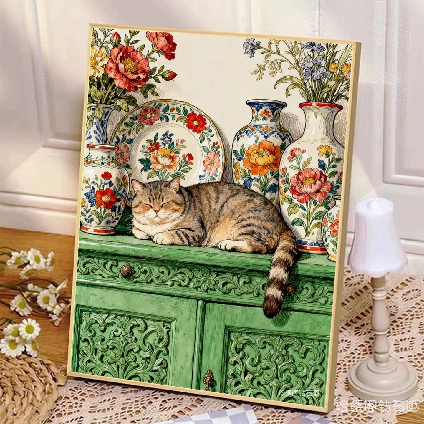 欧式复古田园静物钻石画方钻满钻餐厅猫咪粘贴砖十字绣点钻画小众