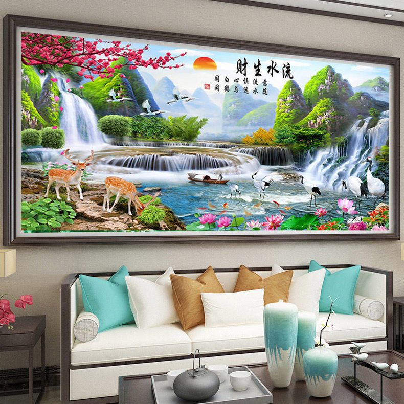 5d流水生财钻石画山水图简单客厅半贴非满钻十字绣2026新款聚宝盆