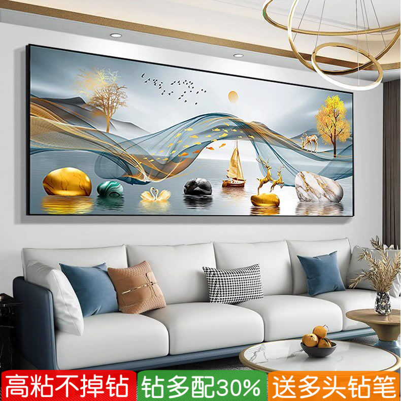 客厅大尺寸钻石画2026新款高级感艺术发财鹿贴砖满钻十字绣风景图