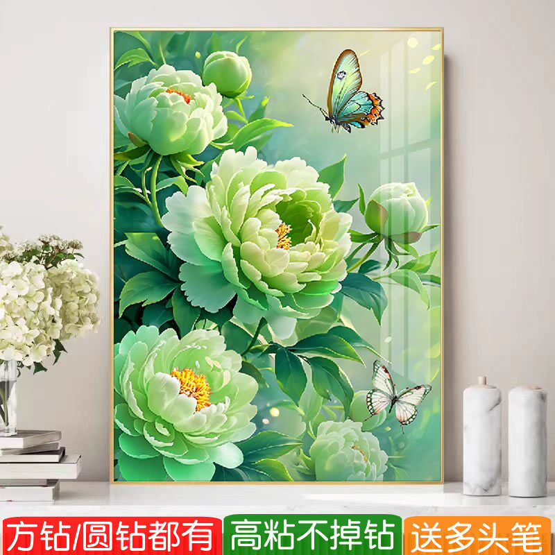 绿牡丹方钻钻石画2026新款高级感满钻花开富贵粘砖点钻十字绣客厅
