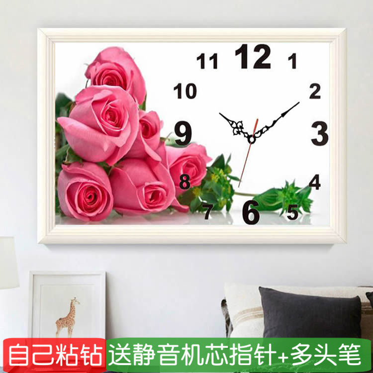 卧室玫瑰花钻石画钟表满钻新款情侣砖石秀手工十字绣挂钟餐厅简单