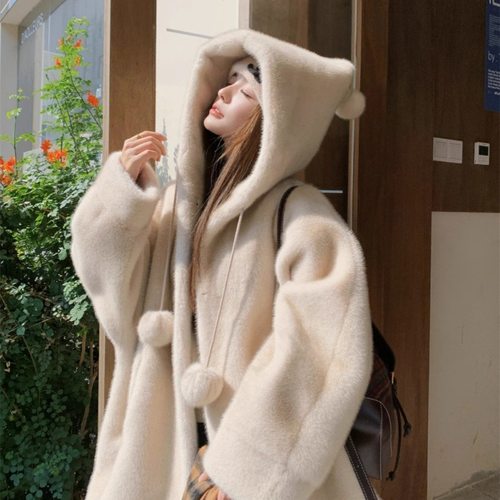 小众连帽加厚中长款仿水貂毛绒大衣皮毛一体毛茸茸环保皮草外套冬