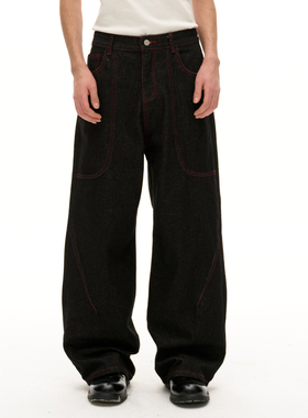 TMOR春夏新款复古时髦慵懒弯刀廓形撞色线重工男女同款牛仔裤