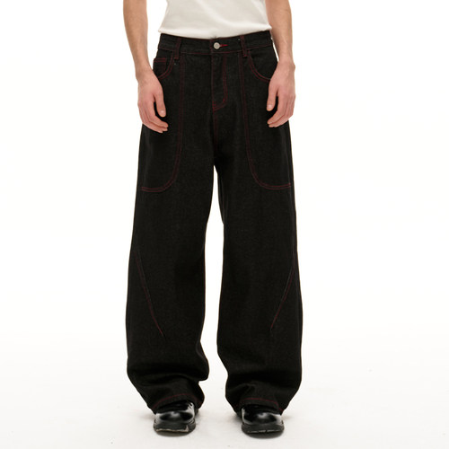 TMOR春夏新款复古时髦慵懒弯刀廓形撞色线重工男女同款牛仔裤