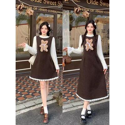 冬装新款胖mm大码女韩系甜美假两件卡通小熊长短款连衣裙