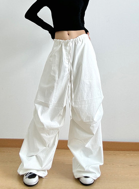 2025春季新款美式白色伞兵工装休闲裤女宽松高腰复古运动拖地裤子