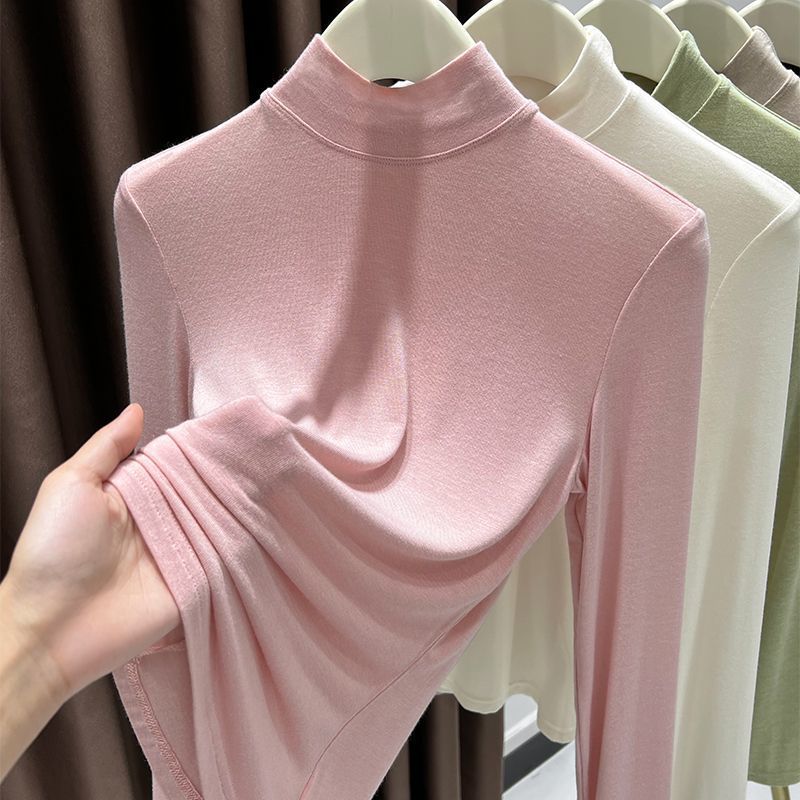 莫代尔立领打底衫女2024秋季新款内搭超弹面膜衣t恤纯色长袖上衣