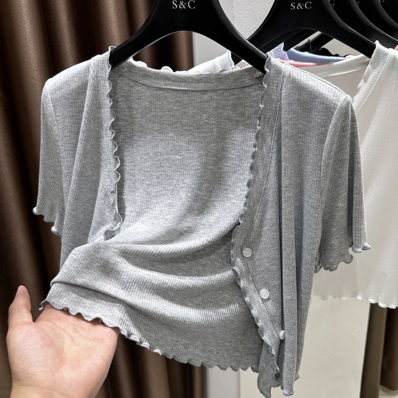 大码莫代尔短袖披肩女装胖mm夏季外搭开衫防晒木耳边坎肩短款罩衫