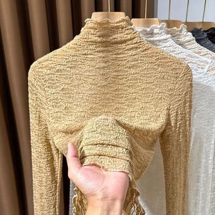 木耳边高领蕾丝打底衫女高级感提花纱衣薄款叠穿内搭网纱t恤上衣