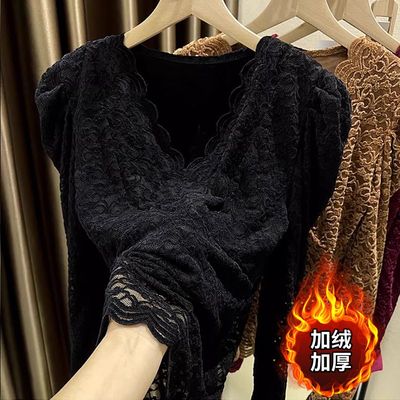 大码V领蕾丝加绒打底衫女裝胖mm2025秋冬季新款显瘦内搭保暖上衣