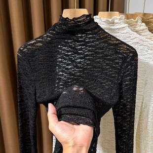 木耳边高领蕾丝打底衫女高级感提花纱衣薄款叠穿内搭网纱t恤上衣