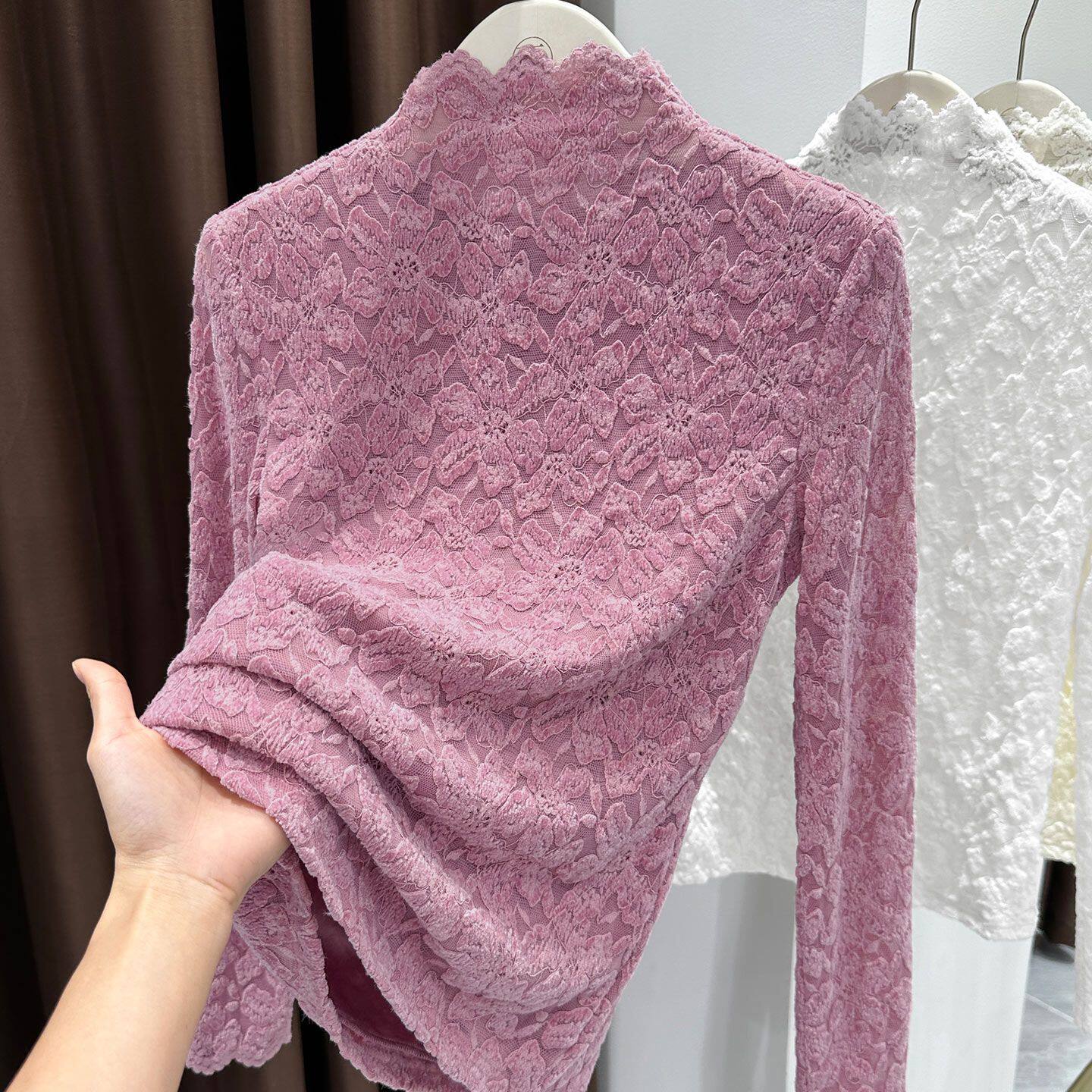 大码蕾丝加绒加厚打底衫女裝胖mm提花显瘦可外穿保暖长袖t恤上衣