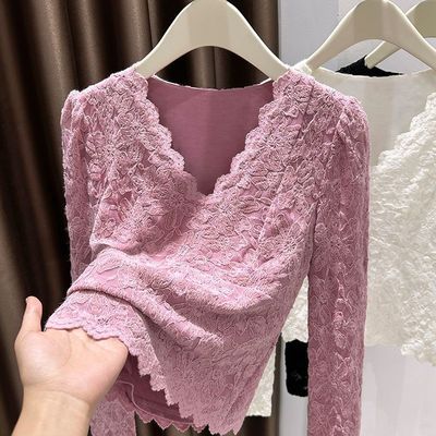 大码蕾丝加绒加厚打底衫女裝胖mm秋冬新款V领保暖内搭长袖T恤上衣
