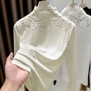 镂空钩花内搭长袖 女裝胖mm2025新款 t恤上衣 半高领蕾丝打底衫 大码