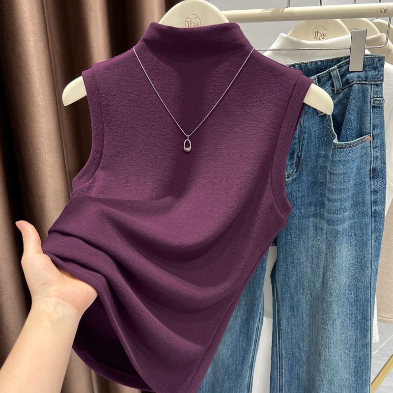 大码半高领无袖背心女裝胖mm秋冬西装假领内搭打底衫保暖打底上衣