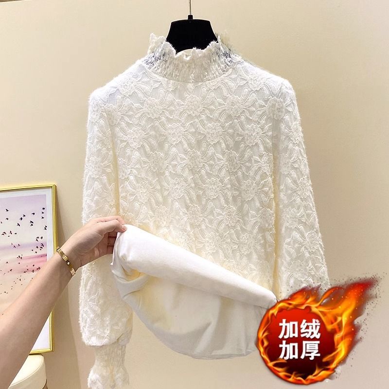 大码女装加绒加厚蕾丝衫胖mm秋冬新款半高领显瘦保暖内搭打底上衣