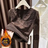 女裝胖mm秋冬季 大码 加绒加厚蕾丝打底衫 V领磨毛叠穿保暖内搭上衣