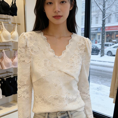 大码加绒加厚蕾丝打底衫女装胖mm秋冬季叠穿内搭V领磨毛保暖上衣