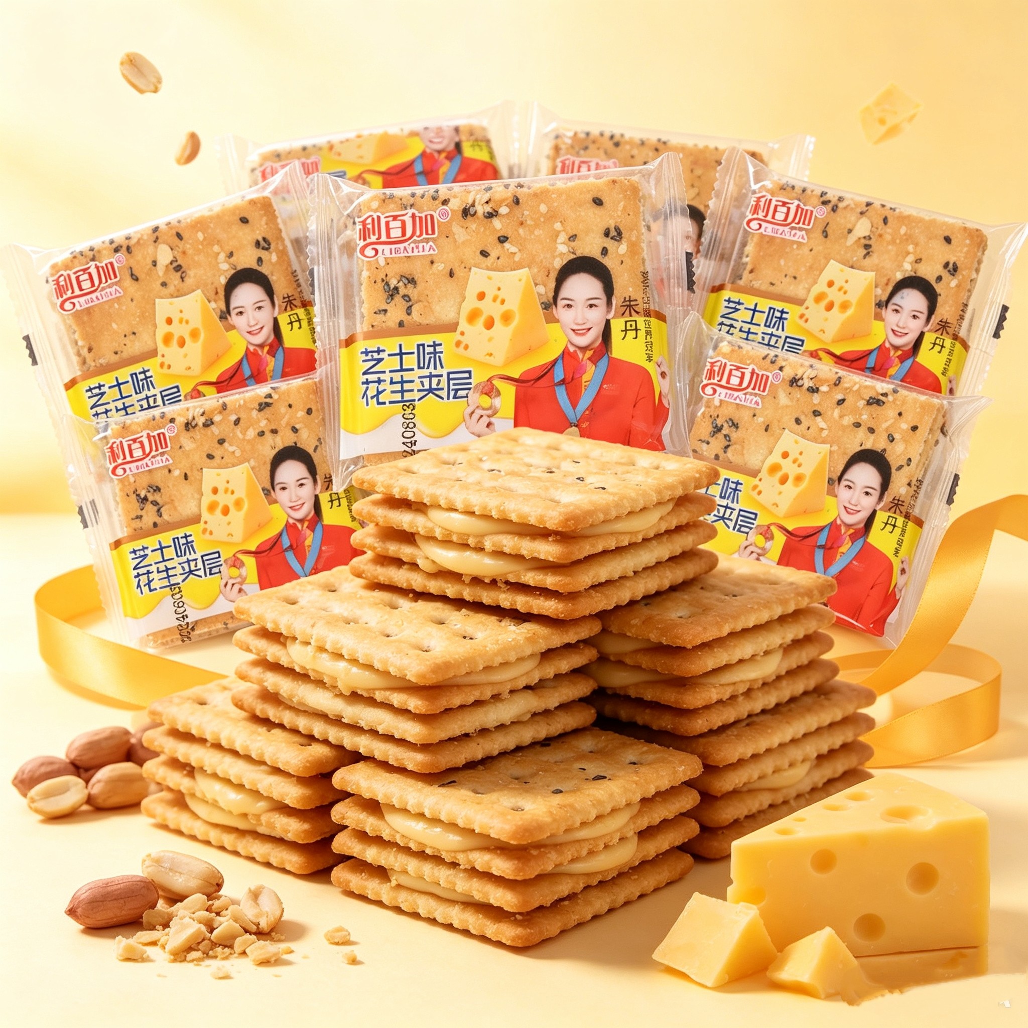 利百加即食芝士味花生夹层饼干独立包装办公室休闲小零食整件批发