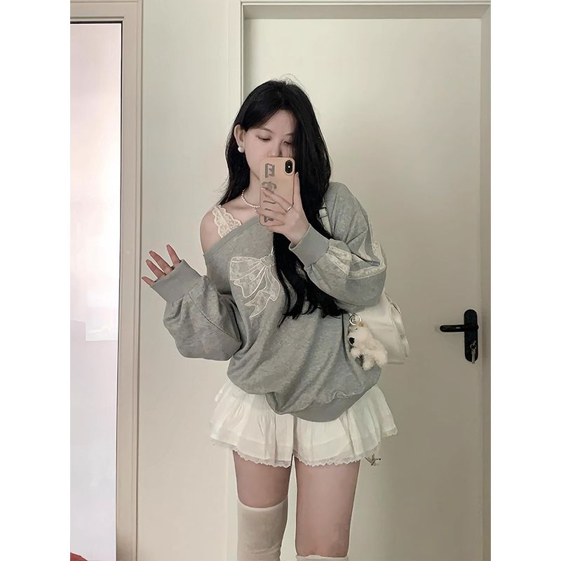 新款巨好看设计感蝴蝶结露肩上衣