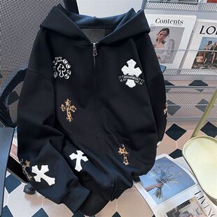 漂亮炮灰美式复古十字架贴布绣连帽卫衣男女秋冬宽松潮流帽衫外套