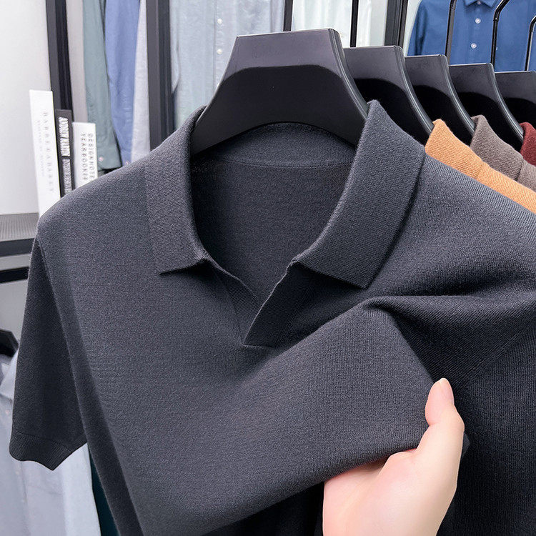 【含羊毛】秋冬季男士针织衫短袖翻领薄款羊毛衫中年爸爸装打底衫
