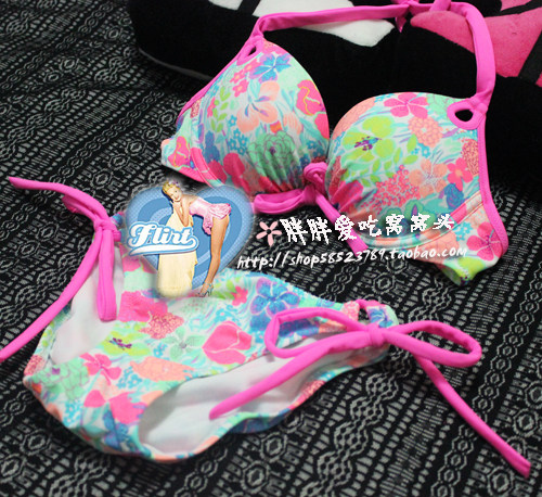 独家V*S*秘*密比基尼泳衣女小胸钢托彩色花朵温泉性感粉色bi*kini