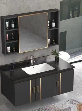 黑色岩板浴室柜组合1米挂墙式一体陶瓷洗手盆柜厕所洗漱智能镜柜
