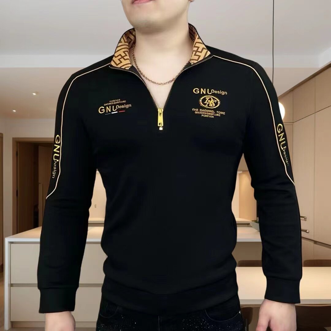 欧货潮流修身立领半拉链卫衣男士春秋冬款时尚高端刺绣长袖T恤衫
