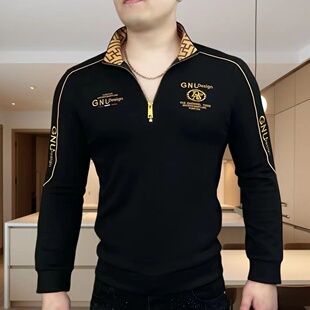 欧货潮流修身立领半拉链卫衣男士春秋冬款时尚高端刺绣长袖T恤衫