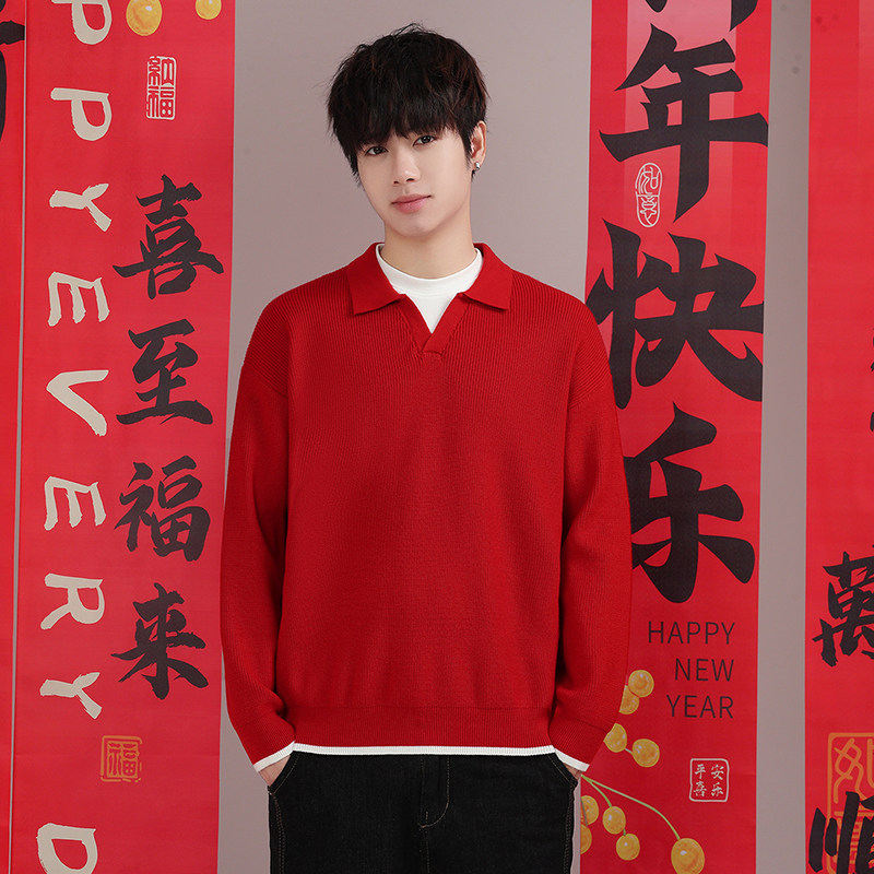 假两件红色新年毛衣男士2025秋冬季新款马年本命年内搭圣诞针织衫