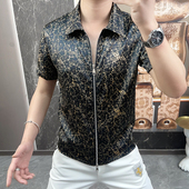 男士 衬衫 休闲翻领T恤衫 修身 欧货夏季 冰丝短袖 双拉链时尚 帅气薄款