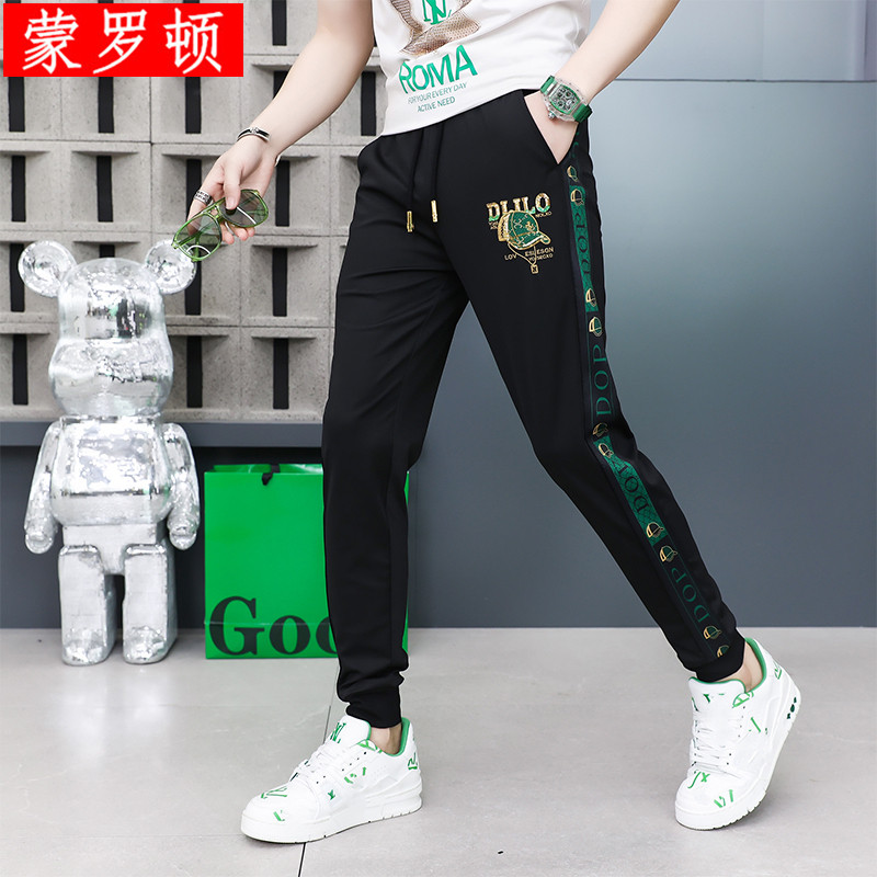 春秋季新款欧货潮牌加绒加厚休闲裤男士刺绣潮流时尚束脚运动裤子