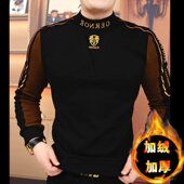欧洲站秋冬新款 半高领刺绣T恤 长袖 轻奢加绒加厚卫衣男士 潮流时尚