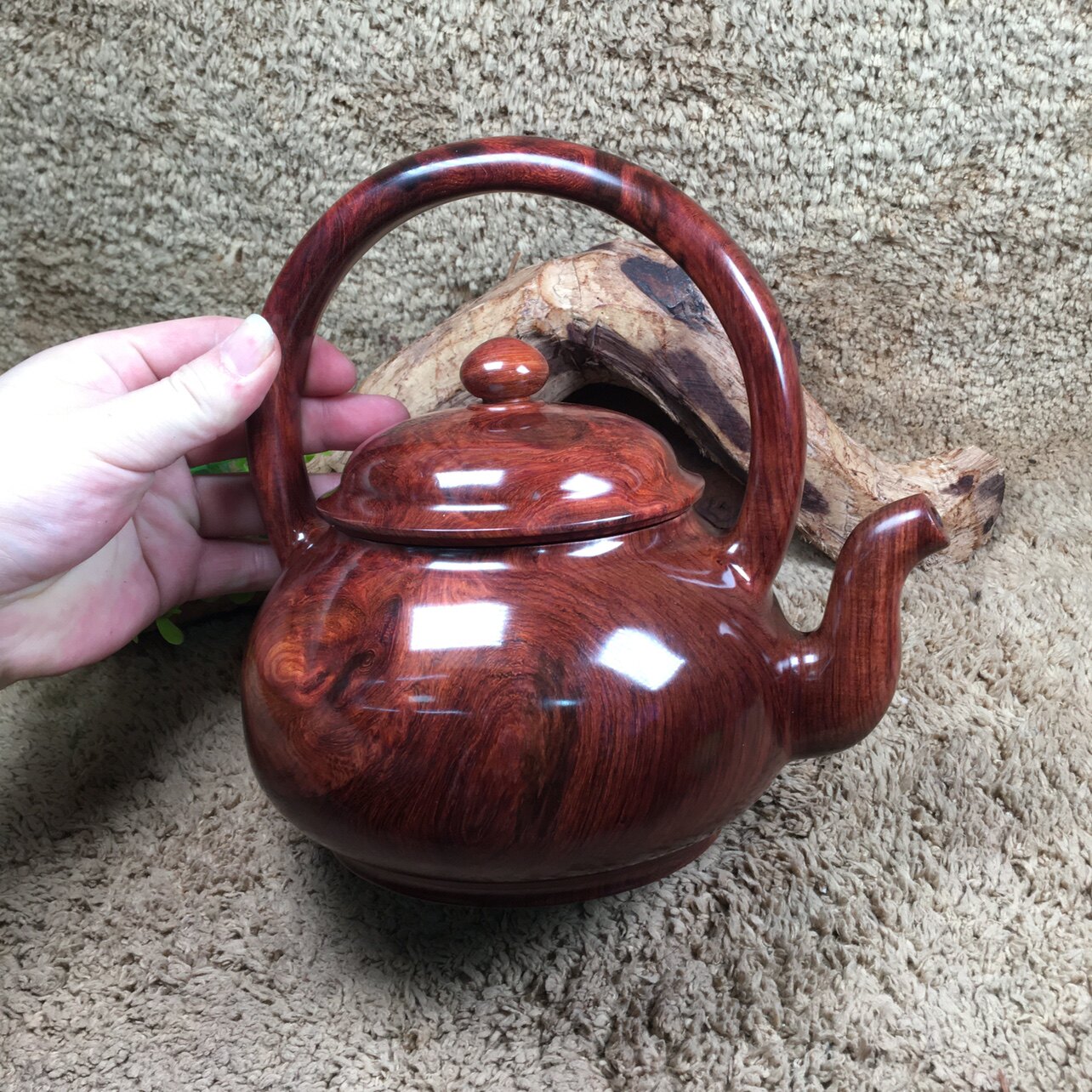 一物一拍海南黄花梨老料紫油梨整木一体提梁壶办公室摆件文玩收藏