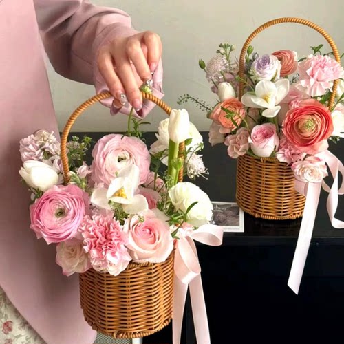 藤编手提插花花艺手工编织花店柳编花篮客厅摆件花篮子伴手礼