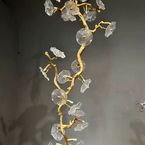 轻奢荷叶水晶吊灯复式楼梯新中式别墅客厅中空大吊灯全铜吸顶灯